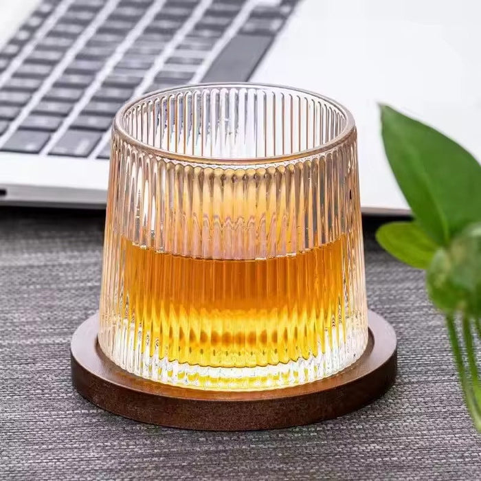 Premium Ribbed Spin Glass with Wooden Base